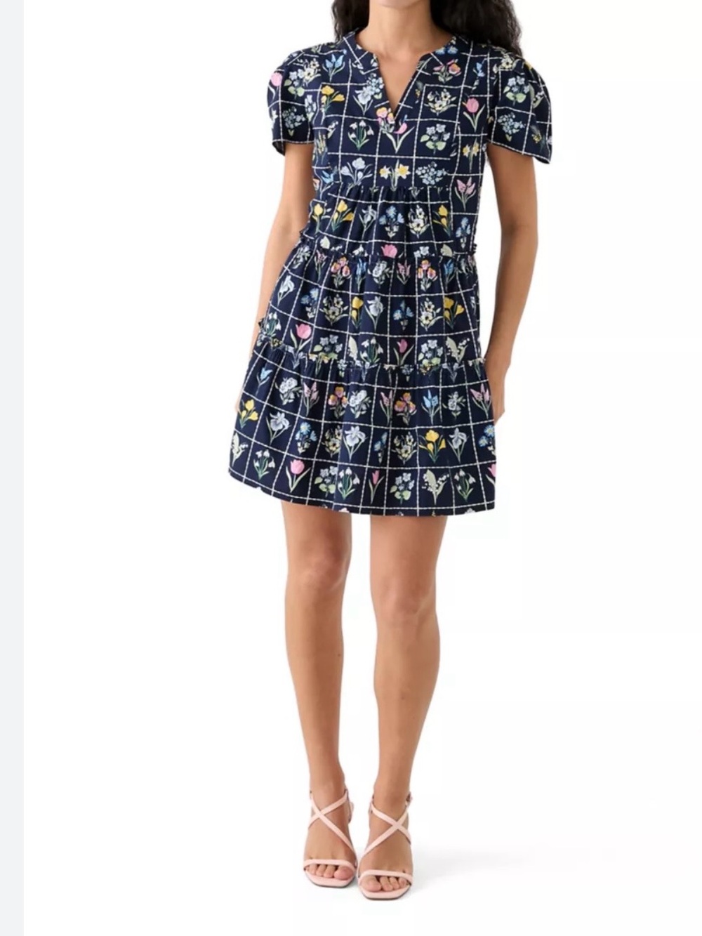 Crown Navy Grid Floral Mini Dress with Pink & Yellow Accents